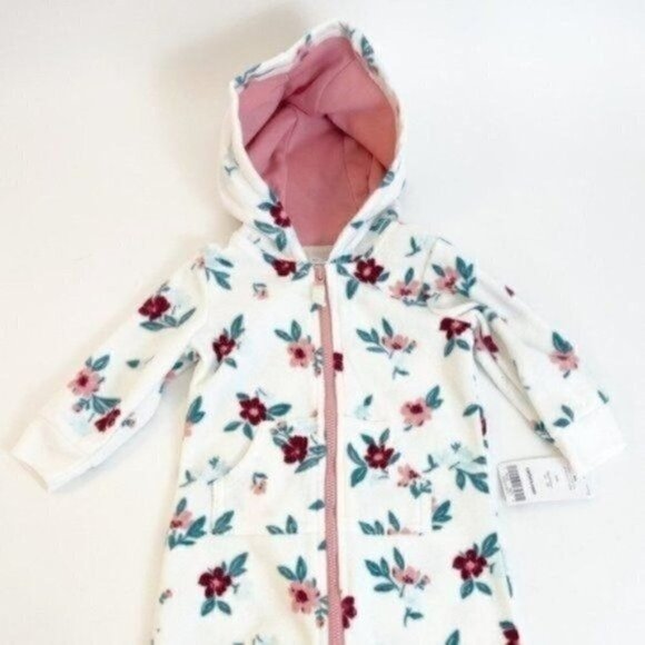 Carter’s baby Fleece one piece floral outfit size 6 months hooded full zip - Picture 3 of 11